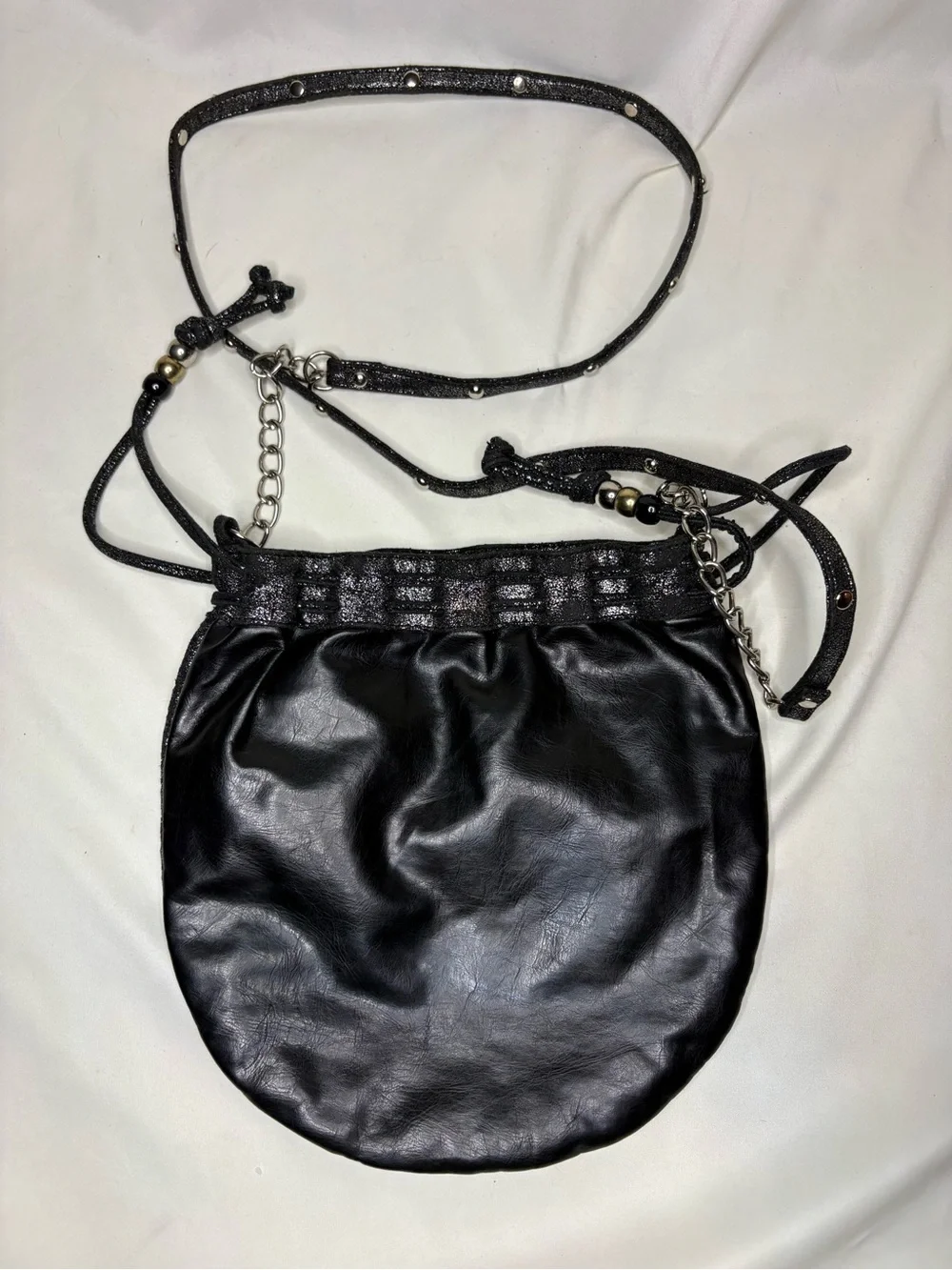 Candies Black and Silver Women's Drawstring Crossbody Bag Long Spaghetti Strap